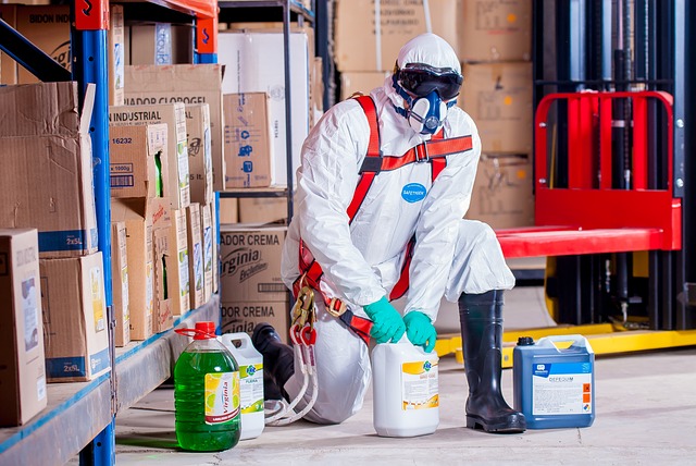 Muž v ochrannom obleku a maske pracuje s chemikáliami.jpg